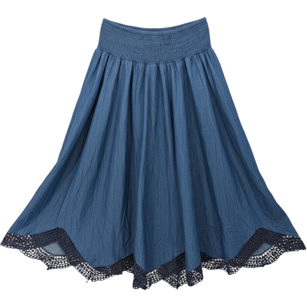 Calessa Maxi Skirt Womens Large Blue Chambray Smocked Crochet Western Boho Flowy